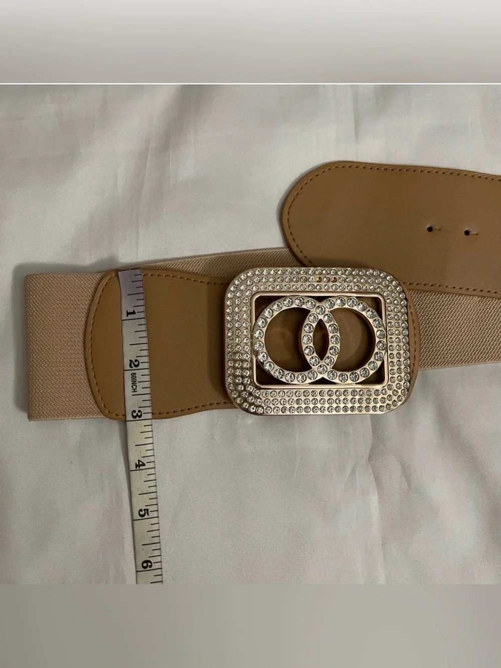 Brown square buckle with rhinestones details elastic waistband belt
